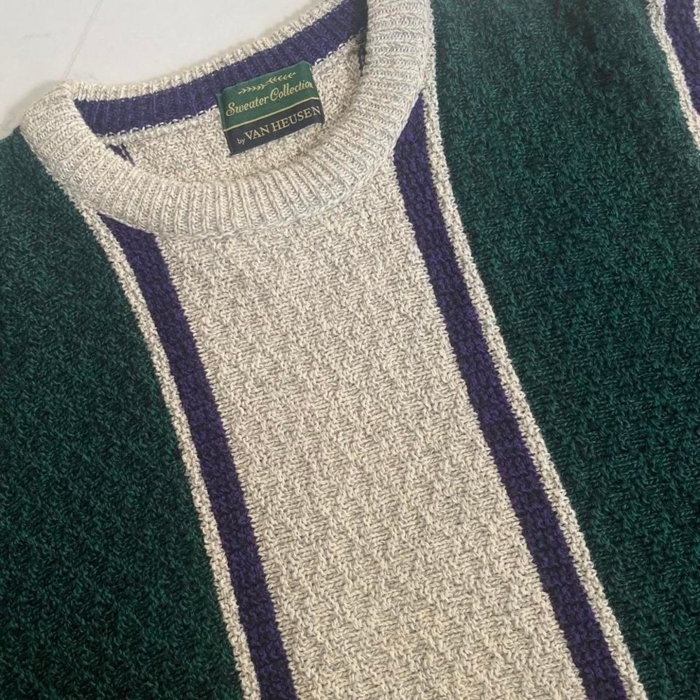 Vintage‎ Van Heusen Textured Knit Sweater Green Purple Stripe 90s Crewneck Large
